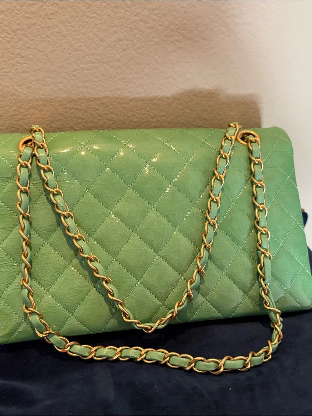 VINTAGE CHANEL Quilted Patent Leather Chain Shoulder Bag in Mint Green